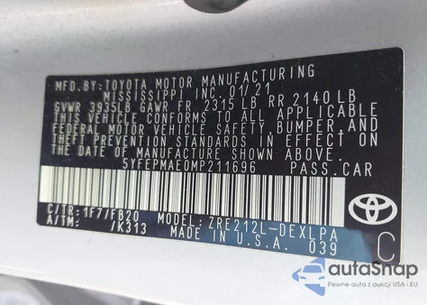 2021 Toyota Corolla Le z USA, uszkodzony, nr VIN 5YFEPMAE0MP211696